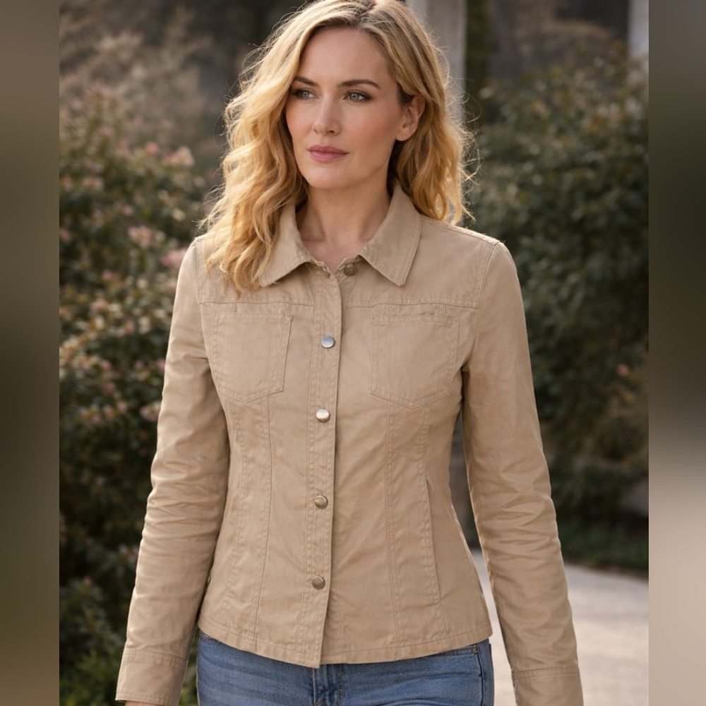 Jones & Co. Beige Utility Jacket – Classic Button-Front, Tailored Fit Size Small